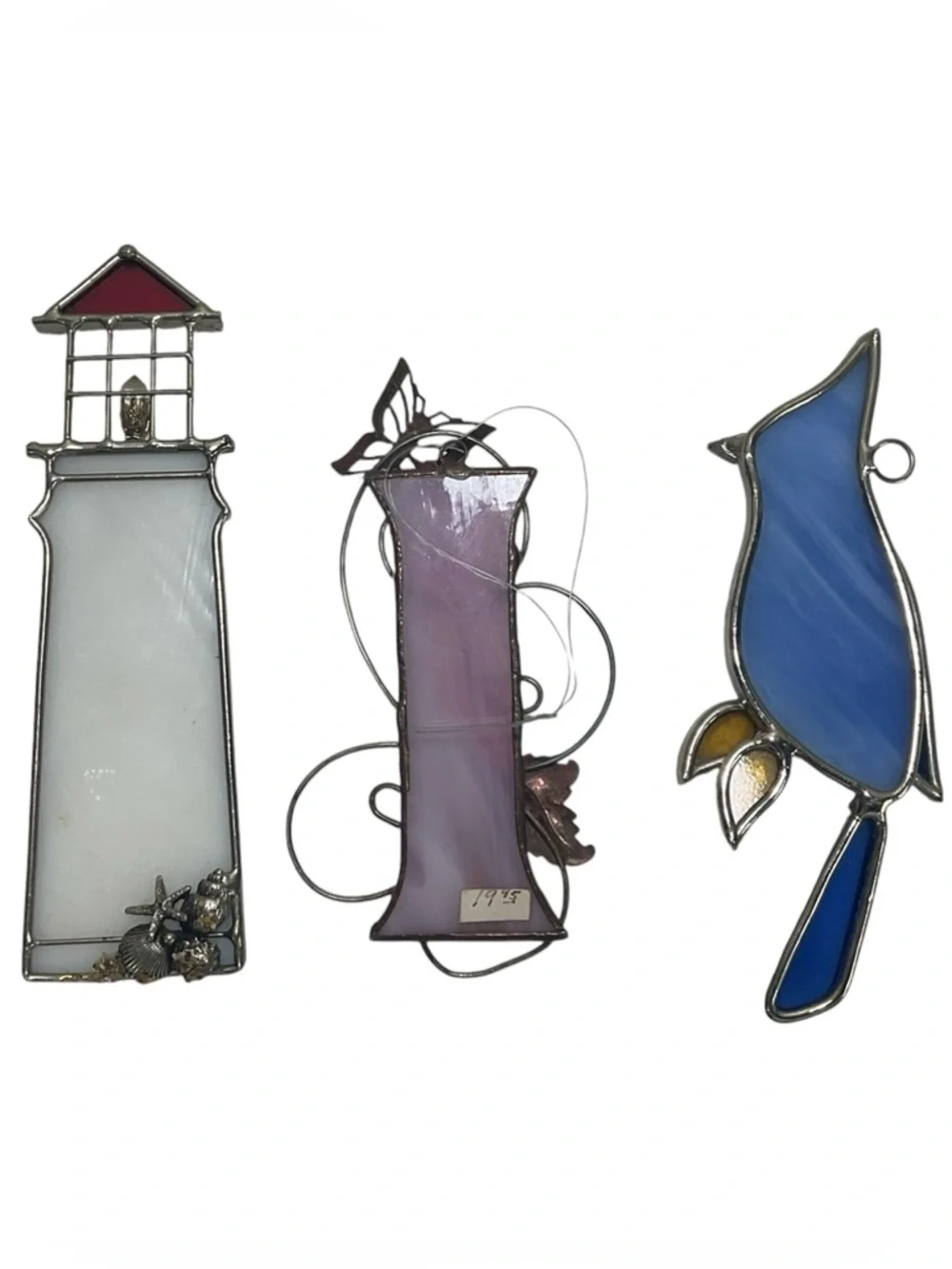 Lot of 3 Handcrafted Stained Glass Suncatchers Lighthouse Butterfly Floral Bird